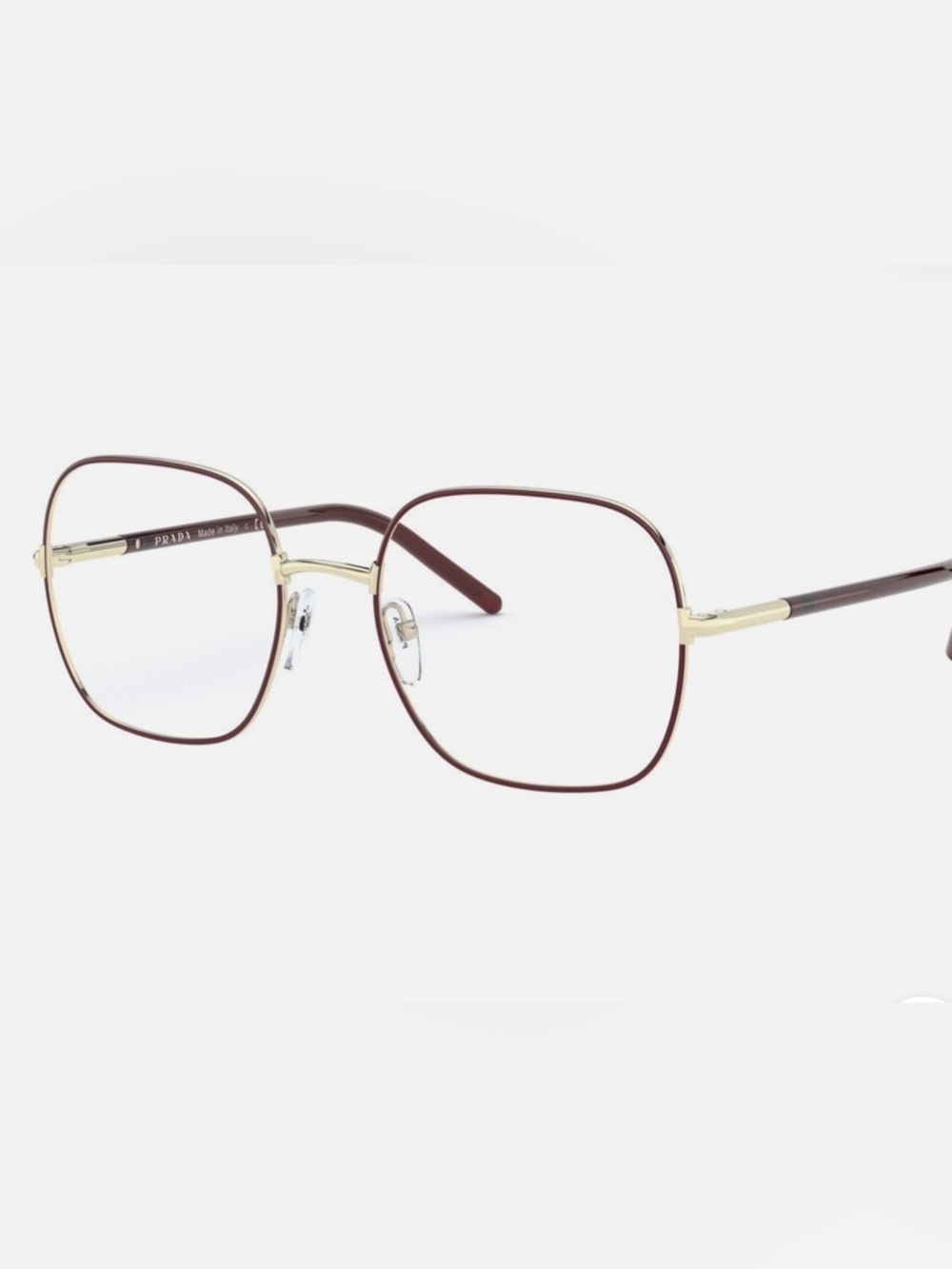 Prada Thin Metal Square Eyeglasses in Burgundy and Gold
